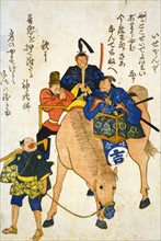 Two Japanese men and a foreigner riding a horse
