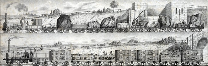 Two views of freight trains of the Liverpool and Manchester Railway Company