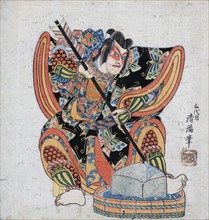 Print shows an actor portraying Yanone Goro sharpening an arrow