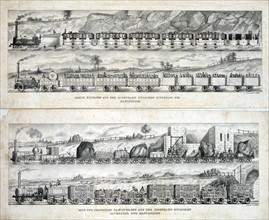 Print showing two views of passenger trains of the Liverpool and Manchester Railway Company