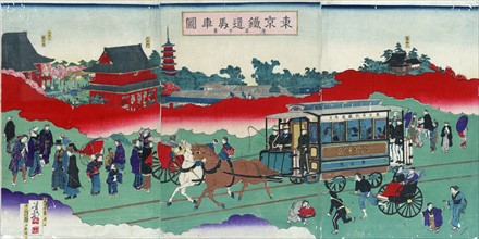 Horse drawn carriage on railroad tracks