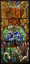 Stained-glass triptych titled 'The Blue Pool' by Joaquin Mir Trinxet