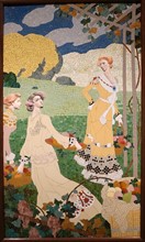 Ceramic mosaic depicting women with a fruit basket under a grapevine