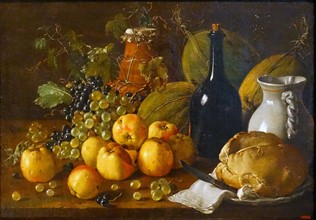 Painting titled 'Still life with Apples, Grapes, Melons, Bread, Jug and Bottle by Luis Egidio Meléndez