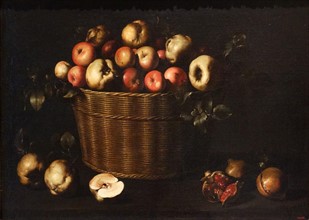 Painting titled 'Basket with Apples, Quinces and Pomegranates by Juan de Zurbarán