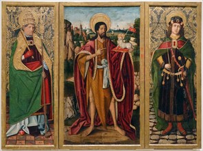 A triptych depicting St. John the Baptist , St. Fabian and St. Sebastian by Workshop of Miguel Ximénez