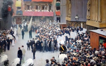 Painting depicting the Corpus Christi. Procession Leaving the Church of Santa Maria by Ramon Casas