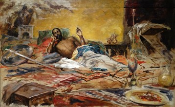 Painting titled 'The Warrior's Repose' by Antonio Fabrés