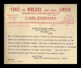 cable from New Zealand Prime Minister to Prime Minister of India on death of Mahatma Gandhi