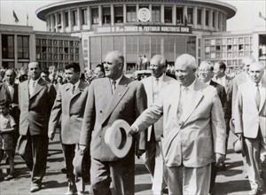 Romanian Communist leader, Georgiou-Dej, Russian Leader Nikita Khrushchev, with Nicolae Ceausescu