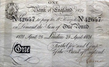 Bank of England cheque for one pound dated 1821
