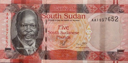 South Sudan banknote, 2011; features a portrait of John Garang