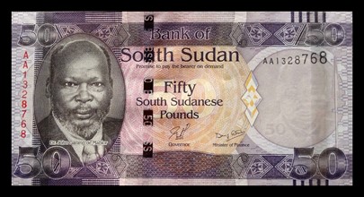 South Sudan banknote, 2011; features a portrait of John Garang