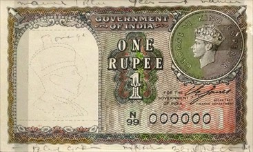 Colonial trial design for a one rupee banknote, Government of India, 1940