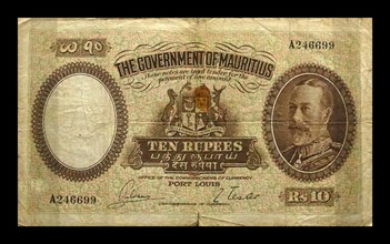 Colonial ten rupee banknote; Government of Mauritius, 1930