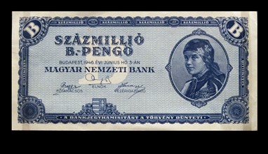 One hundred million billion pengd note, issued in Hungary, 1946. The largest denomination of banknote ever issued