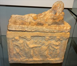 Terracotta cinerary urn, with a figure of a reclining woman; Etruscan, 100-50 BC From Chiusi