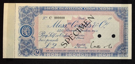 Traveller’s cheque, for two pounds, issued in London by Coutts & Co, 1970s
