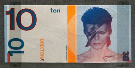 musician David Bowie, appears on a Brixton ten pound banknote, London (UK), 2011