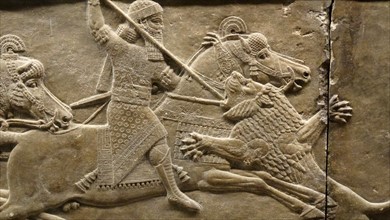 Relief showing Lion hunt on horseback. Assyrian, about 645-635 BC From Nineveh, Iraq