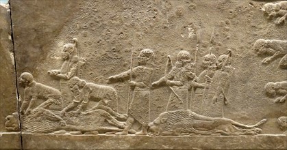 Relief showing Lion hunt on horseback. Assyrian, about 645-635 BC From Nineveh, Iraq.