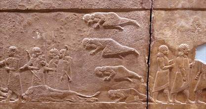 Relief showing Lion hunt on horseback. Assyrian, about 645-635 BC From Nineveh, Iraq.