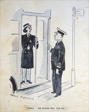 Cartoon depicting a bus reserved for war workers