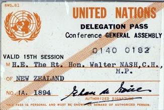 UN delegate pass for New Zealand Prime Minister Walter Nash 1960