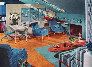 1955 Interior of an American, designer house living room.