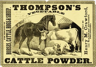 Thompson's vegetable cattle powder For diseases of horses, cattle, hogs & sheep c1868