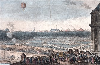 balloon of Jacques Alexandre César Charles and Marie-Noël Robert ascending from the Tuileries Garden, Paris, France, 1783