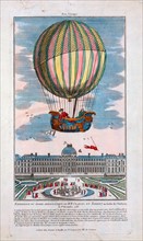 Jacques Alexandre César Charles and Marie-Noël Robert riding in the gondola of a balloon ascending from the Tuileries Garden, Paris, France, December 1, 1783 in the first hydrogen balloon flight.