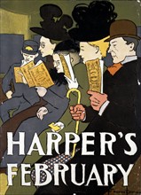 passengers on a tram: Harper's February 1897 Front cover by Edward Penfield