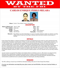 Wanted notice issued by the FBI for Carlos Enrique Perez-Melara