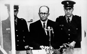 Photograph of Adolf Eichmann on trial
