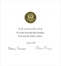 A certificate commemorating Prime Minister Robert Muldoon's visit with President Ronald Reagan and First Lady Nancy Reagan