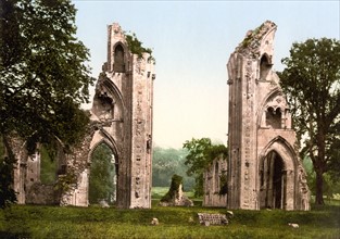 Colour photomechanical print of the ruins of St Joseph's Abbey, Glastonbury, England