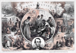 Illustration commemorating the 1965 emancipation of Southern slaves and the end of the American Civil War,