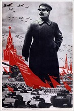 World war two; soviet Russian, patriotic poster depicting Stalin as the leader of the military