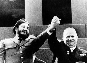 Photograph of Fidel Castro and Nikita Khrushchev in front of the tomb of Vladimir Lenin