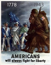 Patriotic poster titled 'Americans will always fight for liberty' by Bernard Perlin