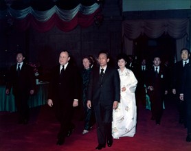 Colour photograph of Prime Minister Robert Muldoon, Lady Thea Muldoon and Park Chung Hee