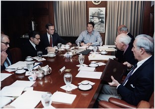 Photograph of President Ronald Reagan holding a National Security Council Meeting on the TWA hijacking