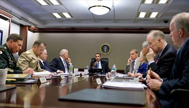 US president Obama has a briefing in 2014 in the situation Room at the White House