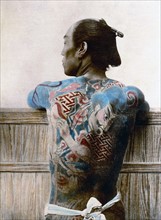 Japanese Samurai warrior with tattoos. Vintage photograph from japan 1890