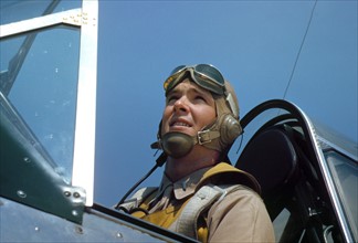 US Marine Corps lieutenant in the cockpit of a glider-towing aircraft, 1942 . World war two
