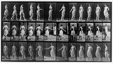Thirty-six consecutive images of partially nude woman walking and turning. Eadweard Muybridge