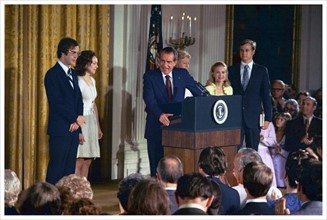 President Richard Nixon announces his resignation as President, following the Watergate scandal
