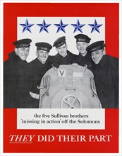 Patriotic American war poster concerning five brothers missing in action, during World war Two. 1943