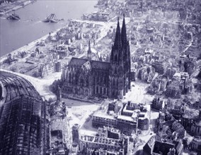 The ruins of the German city of Cologne after allied air raids in World War two 1944